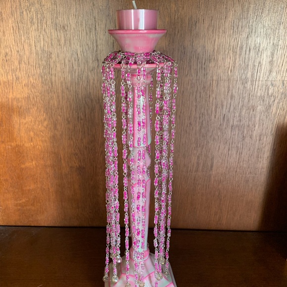 Wedding Candle Stick Holder Bohemian Style With Pink Glass Beads - Picture 4 of 10